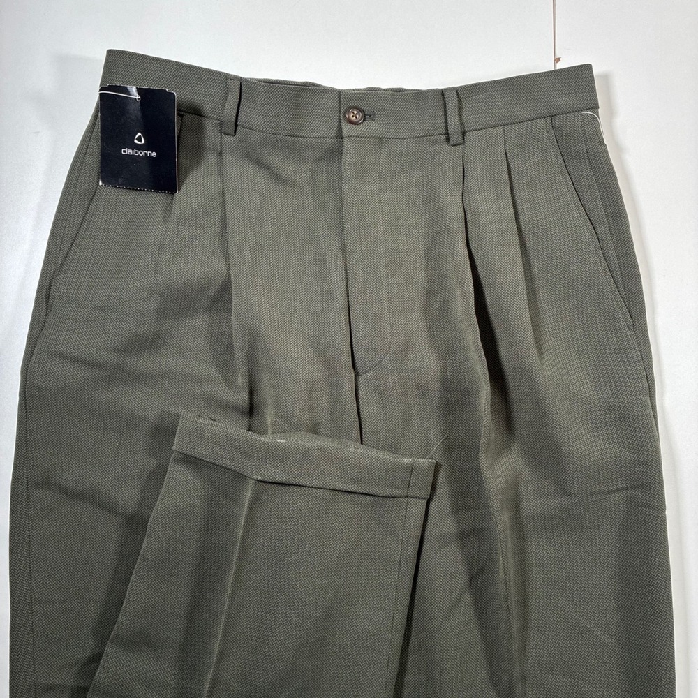 NEW Claiborne Dress Pants 34x32 Olive Green Herringbone Pleated Cuffed Retro
